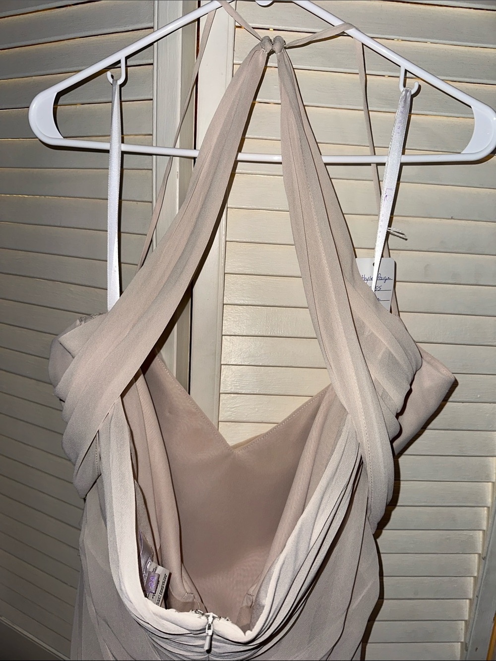 Hayley Paige Occasions Taupe Blush Chiffon Ruched Halter Prom Dress - Picture 5 of 5